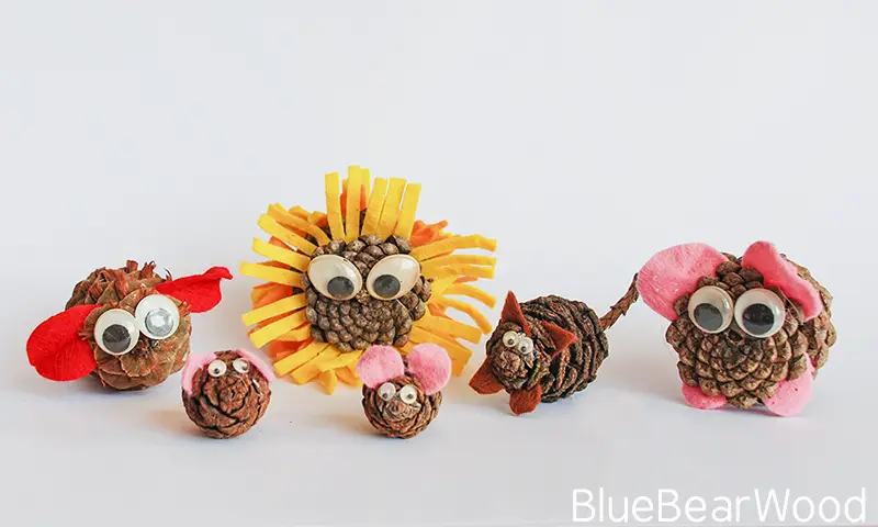 pine cone animal ideas for kids including lion, mouse and imaginative creatures